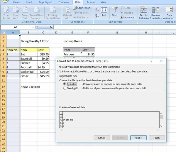 Convert text to column wizard.